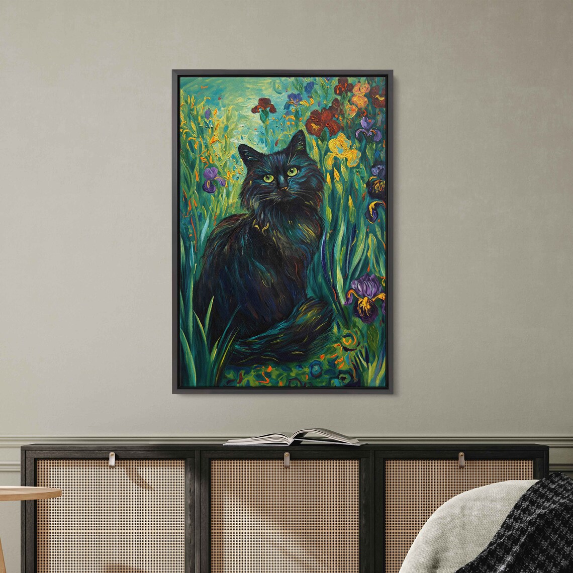 Black Cat Iris Garden Starry Swirls Painterly Floral Feline Art Poster