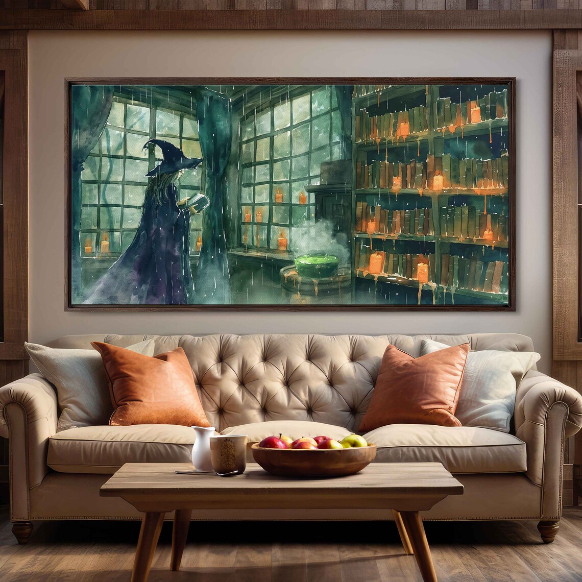 Witch Brewing Green Potion In Candlelit Library Watercolor Poster - Image 3
