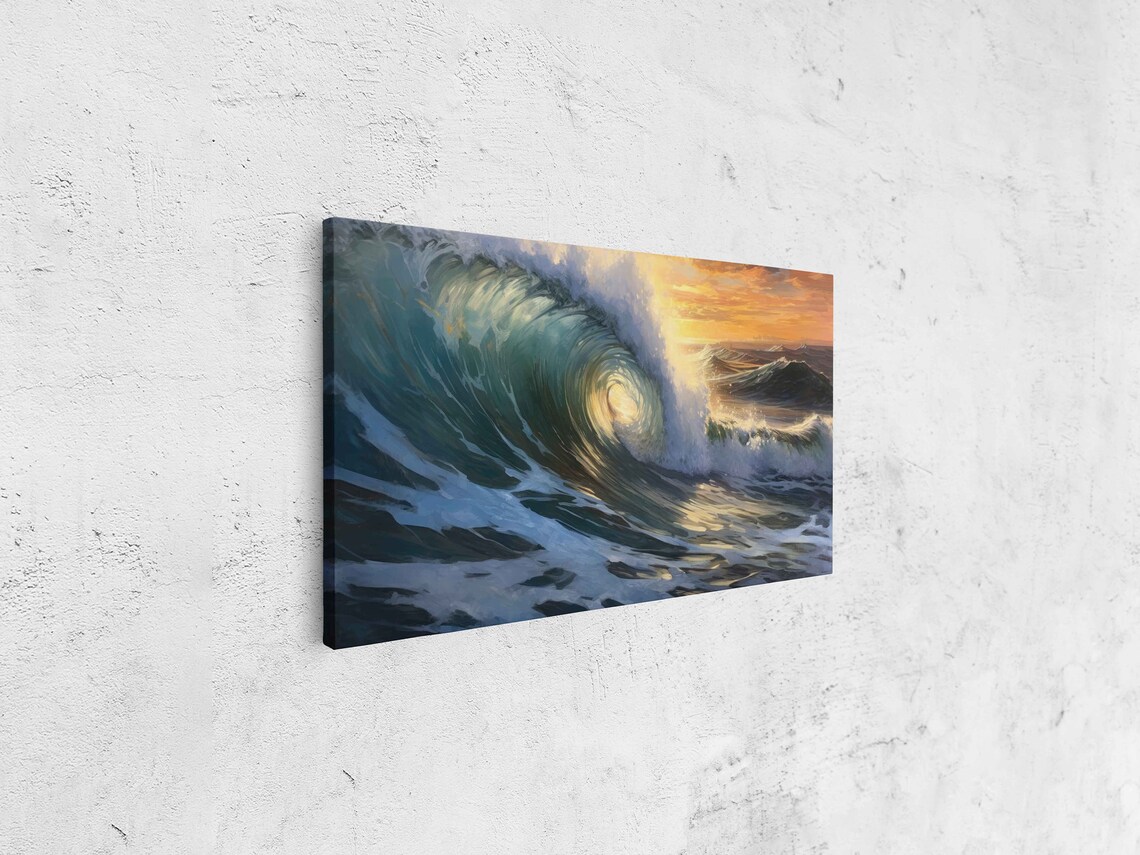 Powerful Ocean Wave Barrel Sunset Dramatic Seascape Surf Painting Poster - Image 4