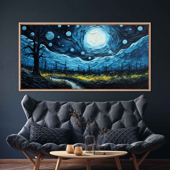 Starry Night Van Gogh Inspired Impressionist Wall Art Print Peaceful Night Skyscape Ready To Hang
