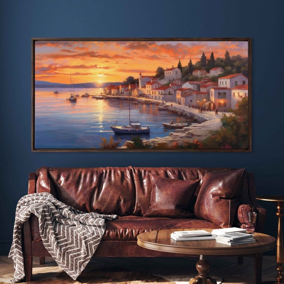 Italy Coastal Town Wall Art Tropical Art Beach House Decor Vacation Home Sunset Boats Docks Vertical Art Portrait