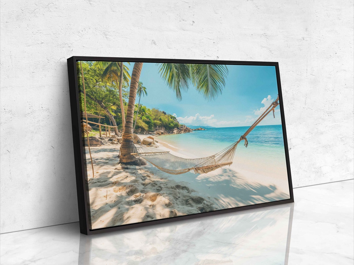 Beach Hammock Between Palms Turquoise Ocean View Tropical Poster - Image 4