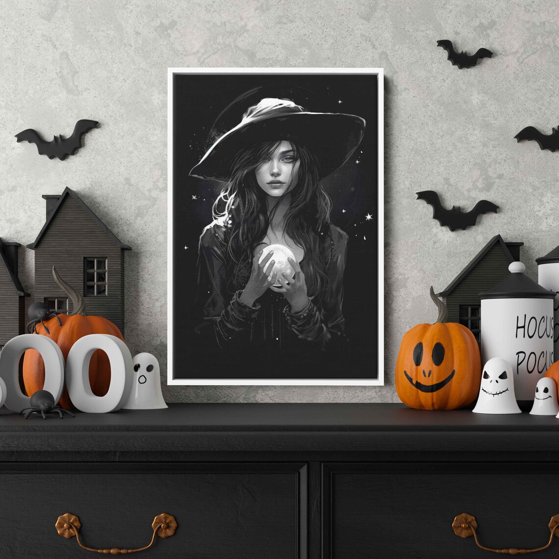 Witch Holding Crystal Ball Black White Wide Brim Hat Stars Halloween Art Print