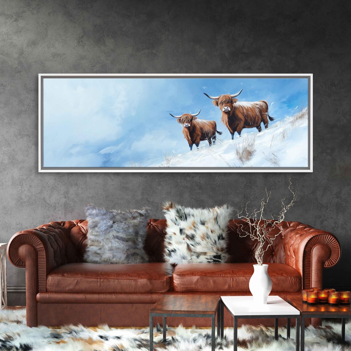 Two Highland Cows On Snowy Hilltop Winter Scottish Landscape Wall Art - Image 3