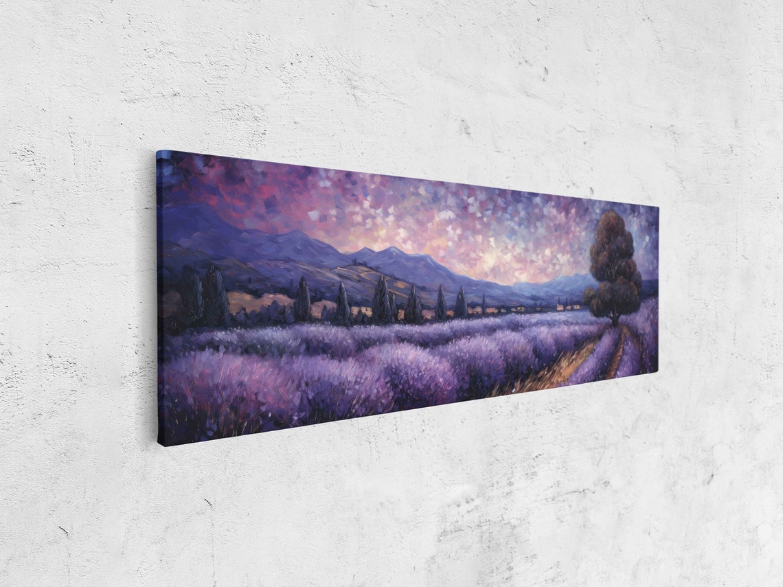 Lavender Field Dusk Mountains Panoramic Lone Tree Landscape Art Poster - Image 4
