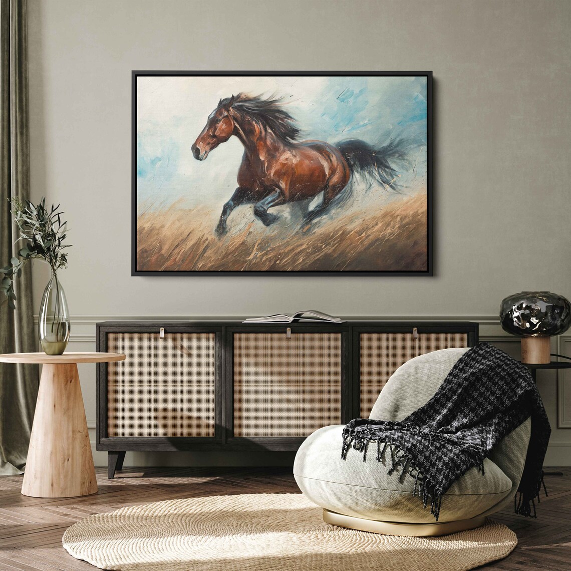 Brown Horse Galloping Golden Wheat Field Prairie Oil Painting Print