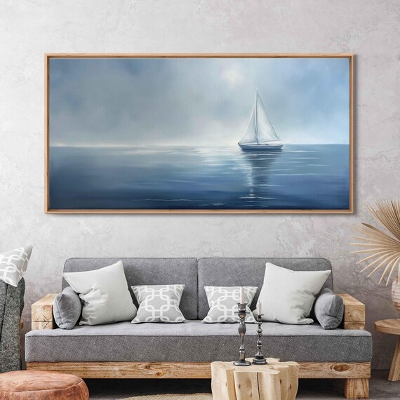 White Sailboat On Calm Blue Sea Soft Hazy Sky Minimalist Poster