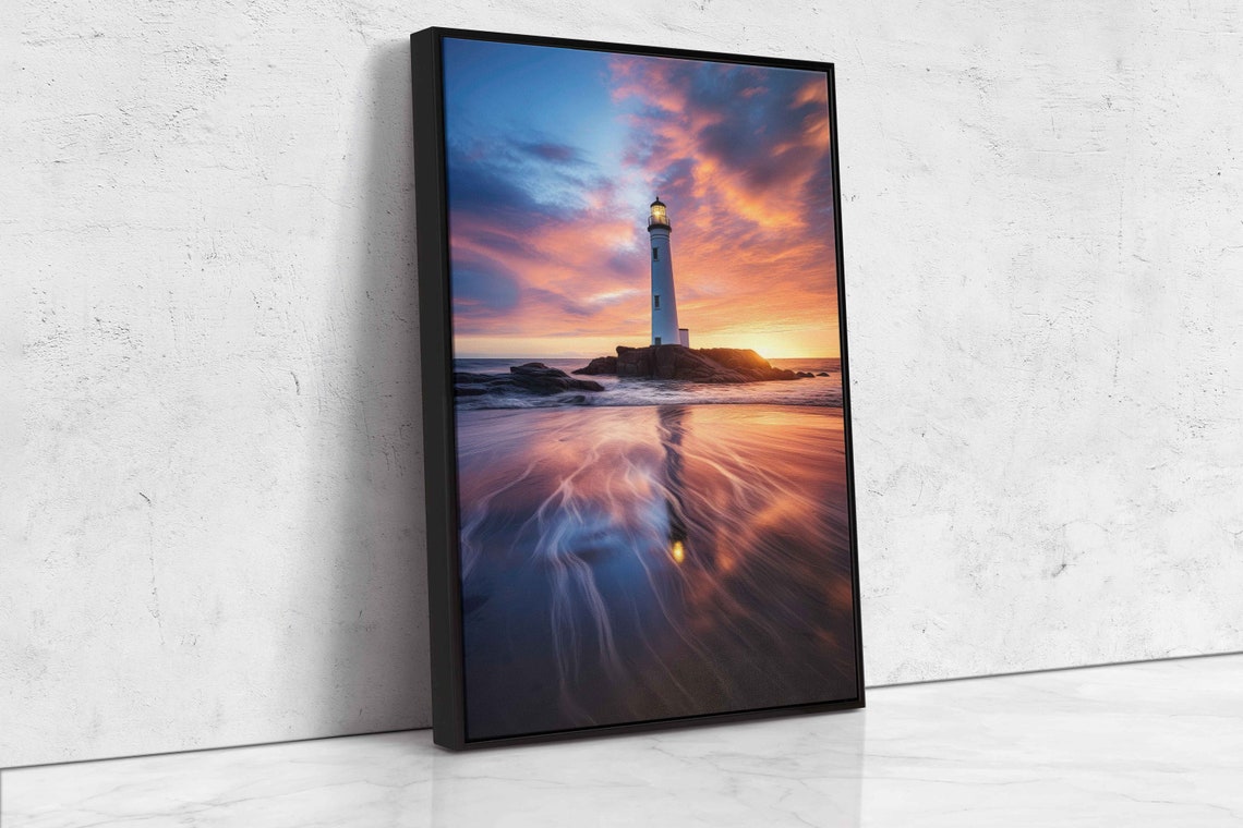 Golden Lighthouse Sunset Ocean Reflection Rocky Coast Poster - Image 4