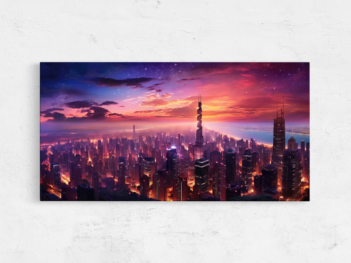 Neon City Skyline Aerial Dusk Purple Sky Futuristic Urban Poster