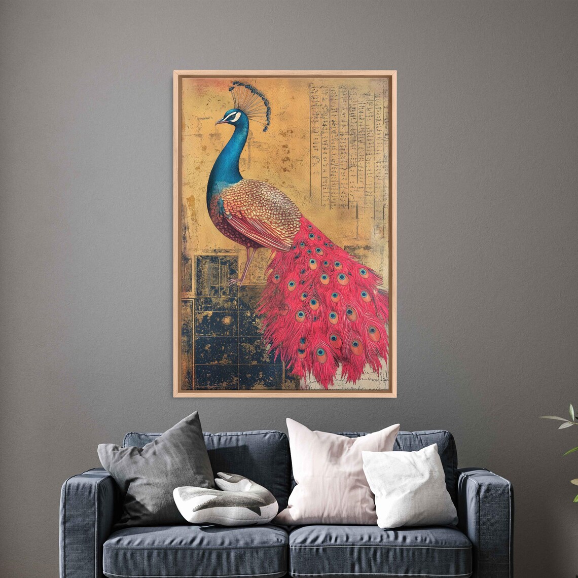 Gilded Peacock Magic Wall Art Print Whimsical Collage With Gold Leaf Tizian Red Accents