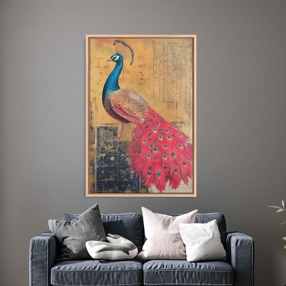 Gilded Peacock Crimson Tail Vintage Gold Leaf Collage Art Print