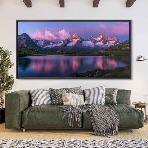 Swiss Alps Sunset Photo Calm Lake Colorful Cloudy Sky Lush Greenery Wall Art Print Ready To Hang