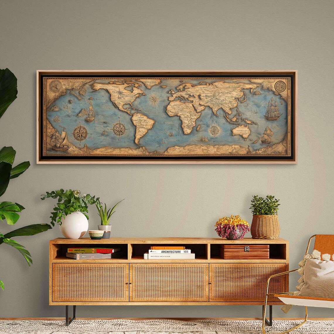 Vintage World Map, Antique Cartography Travel Poster