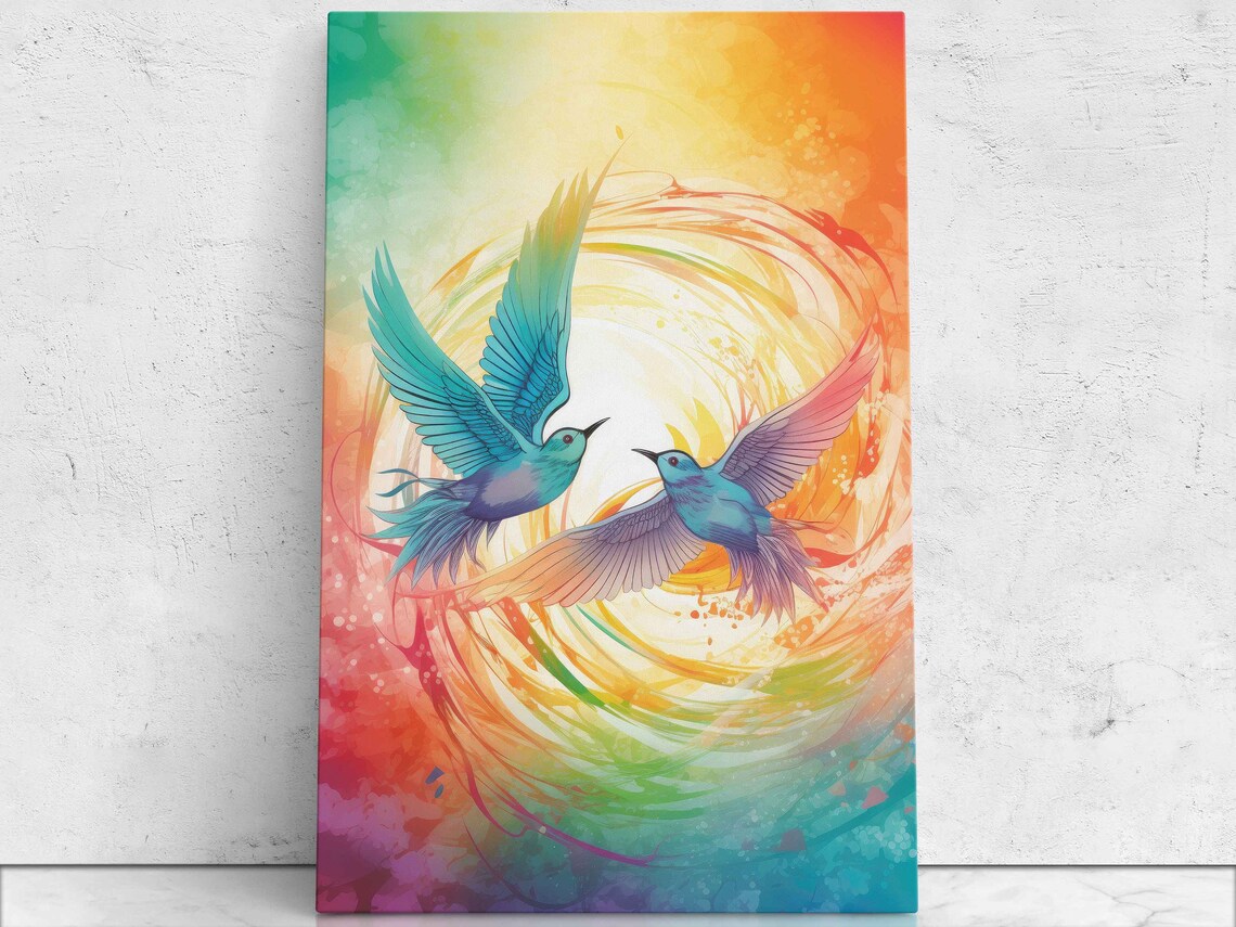 Two Colorful Hummingbirds Rainbow Swirl Nursery Wall Art Poster