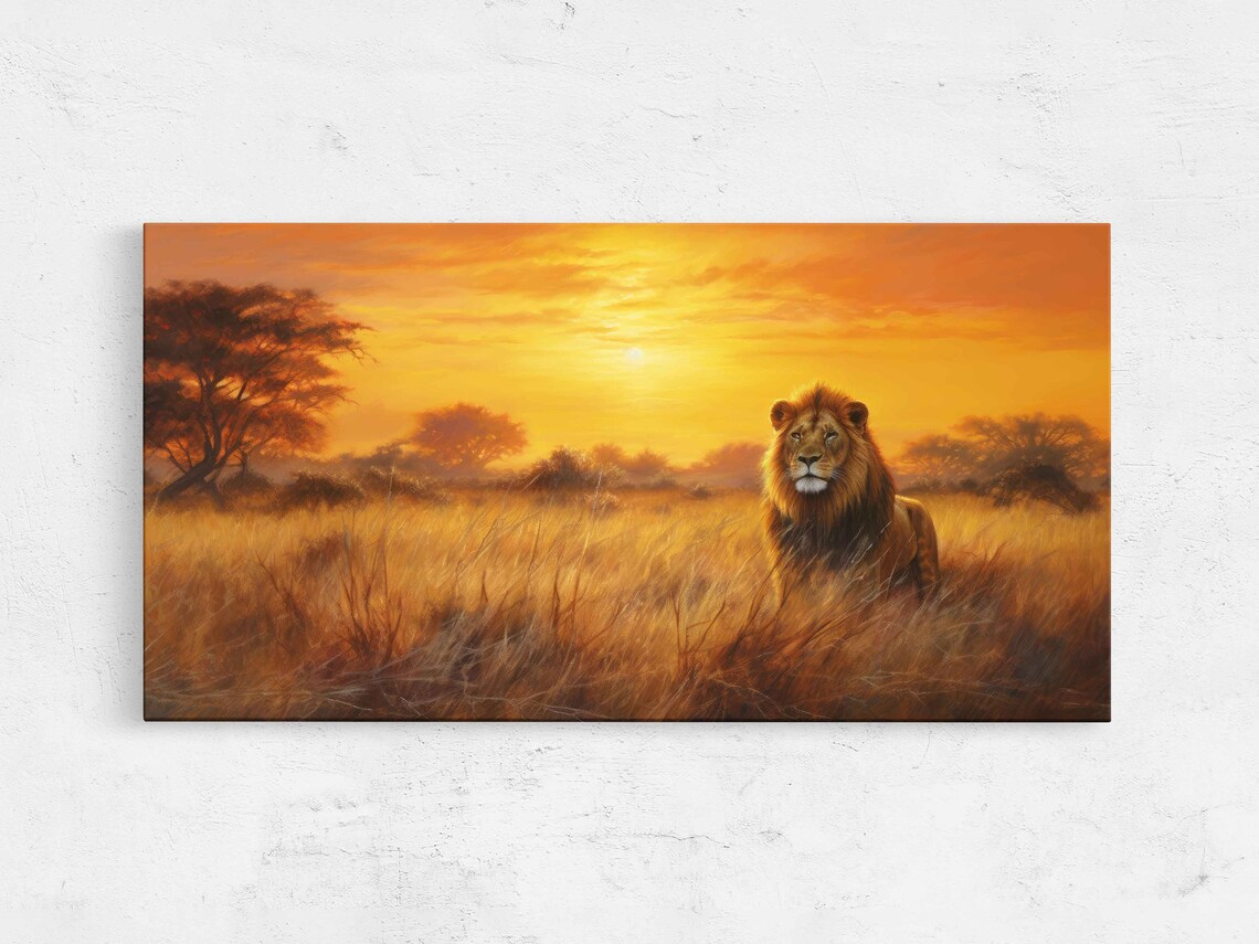 Lion In Africa Plains Sunset Landscape Art Print
