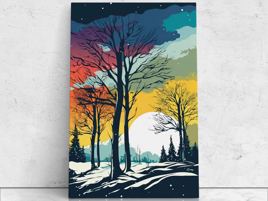Colorful Winter Night Glow Bare Trees Snowy Field Art Poster