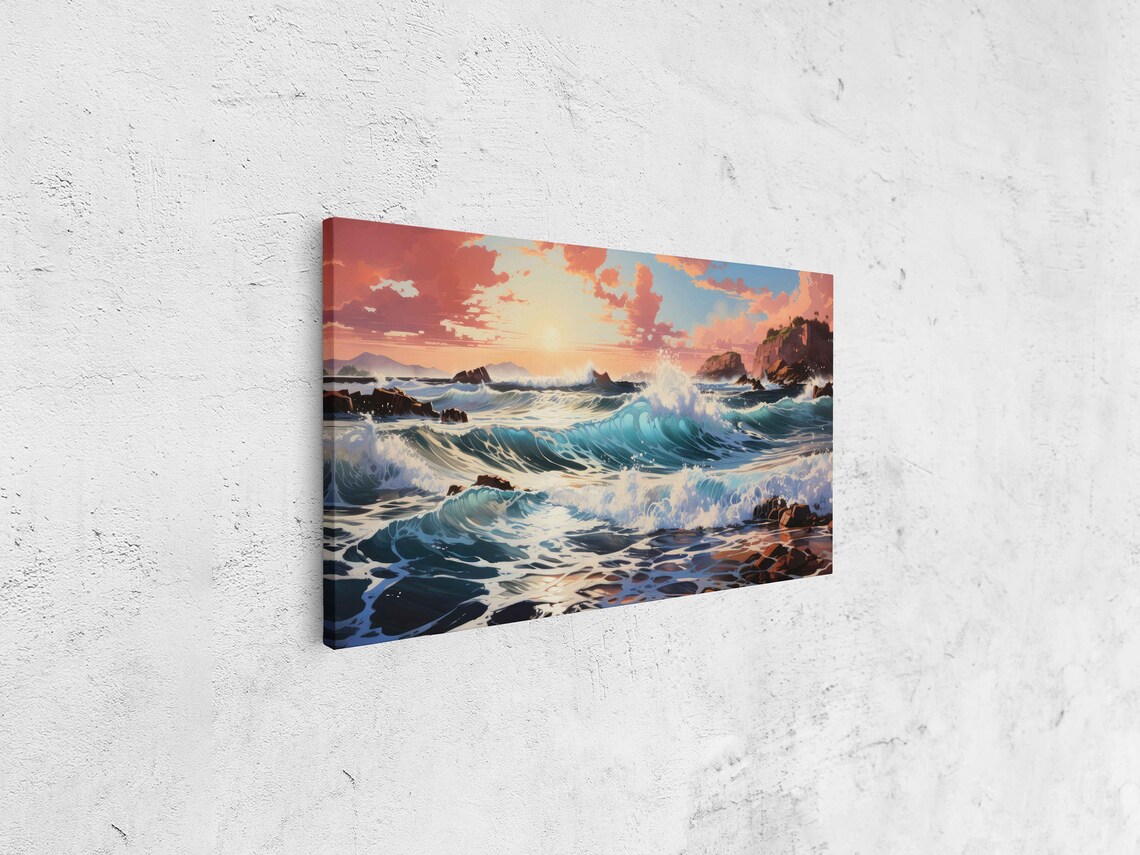 Crashing Ocean Waves Sunrise Pink Clouds Rocky Cliffs Panoramic Seascape Poster - Image 4