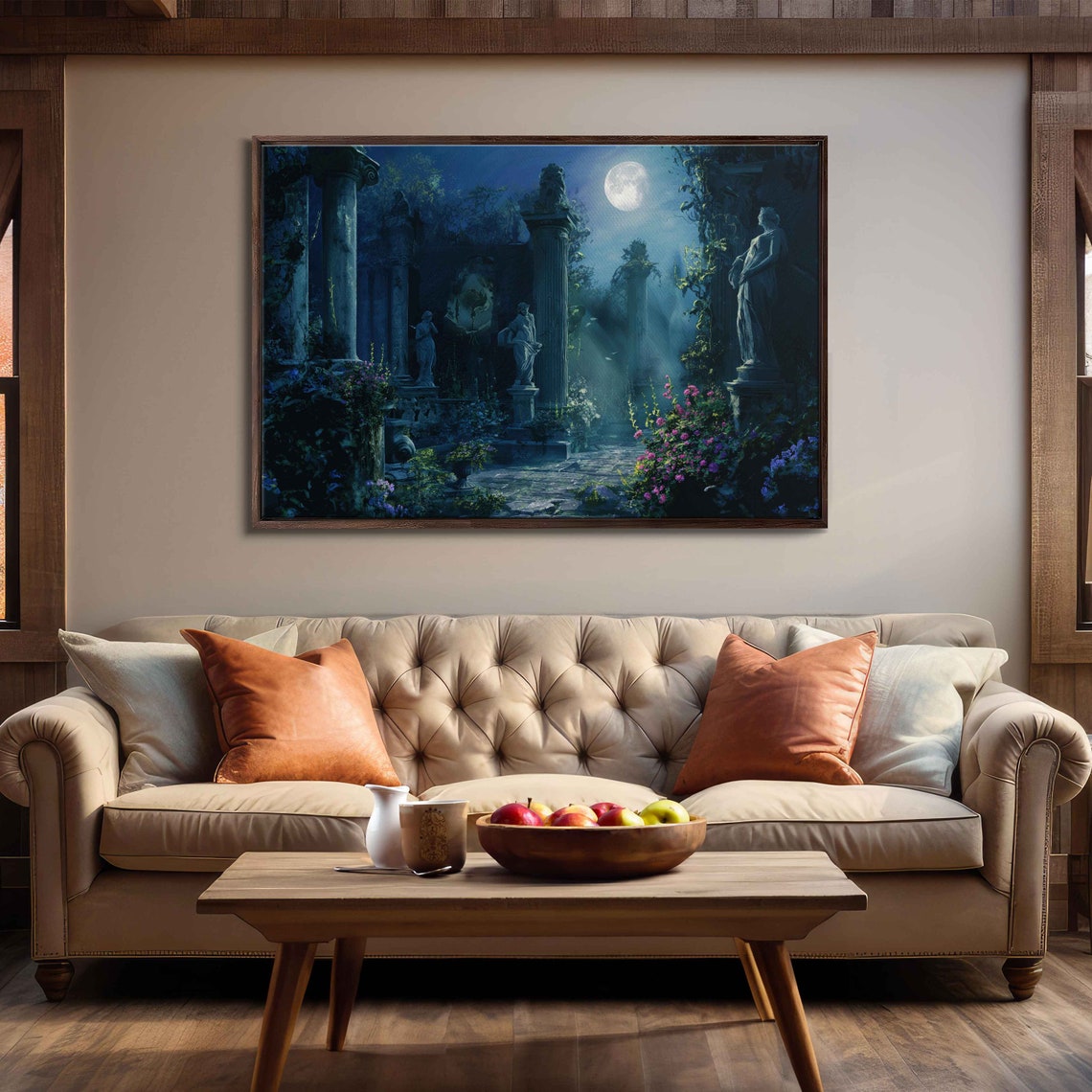 Moonlit Ancient Garden Ruins Statues Under Full Moon Night Poster
