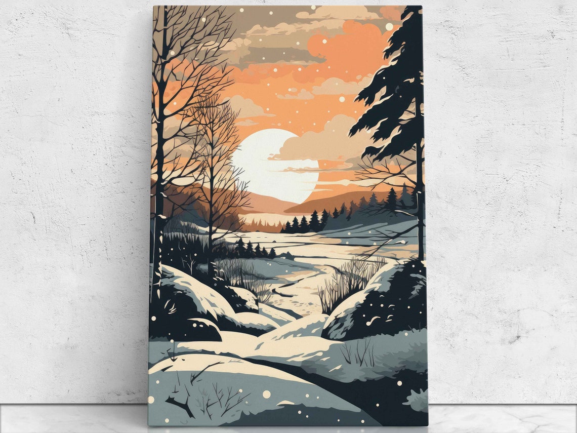 Winter Sunset Moonrise Snowy Forest Pop Art Landscape Poster