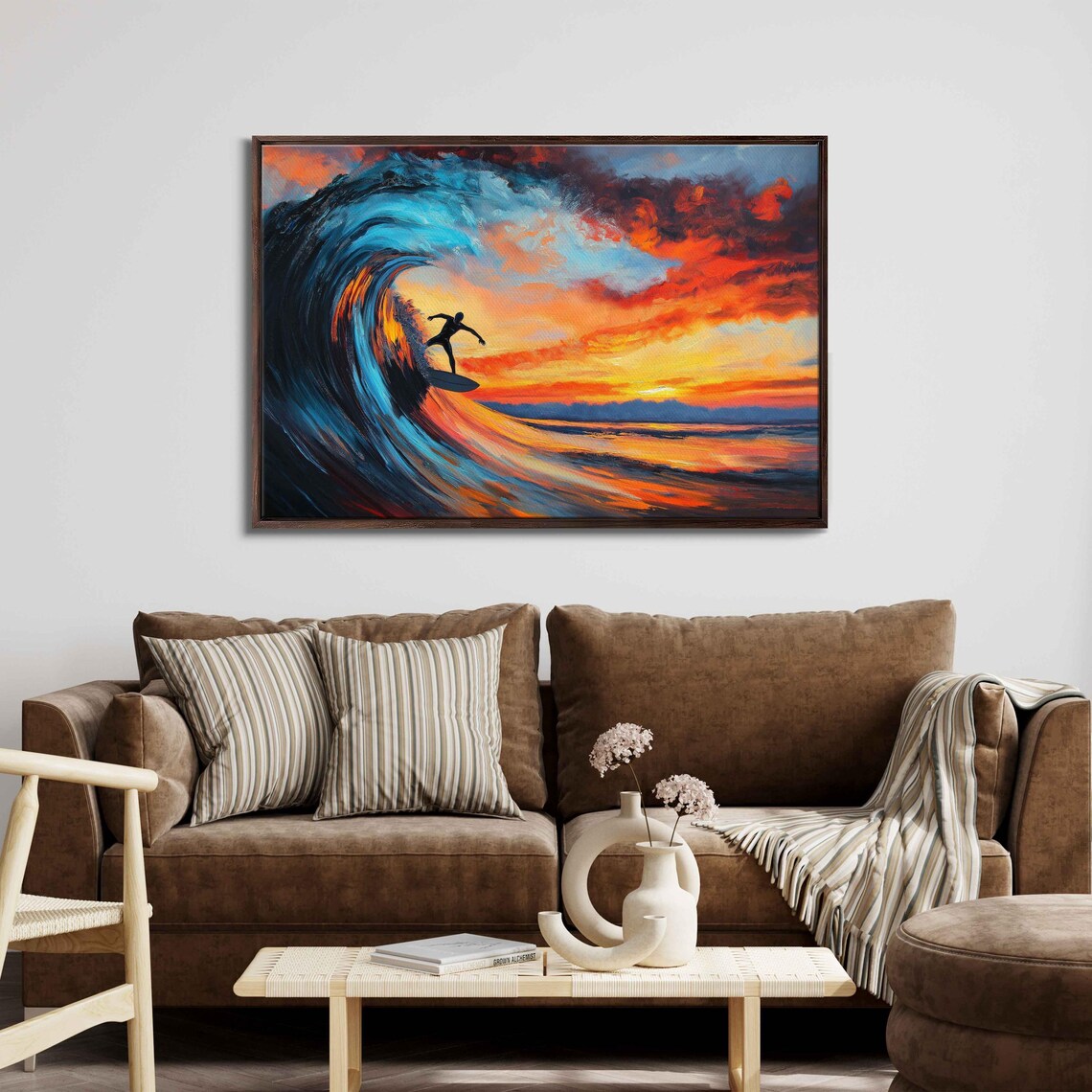 Surfer Riding Massive Wave at Sunset, Travel Poster