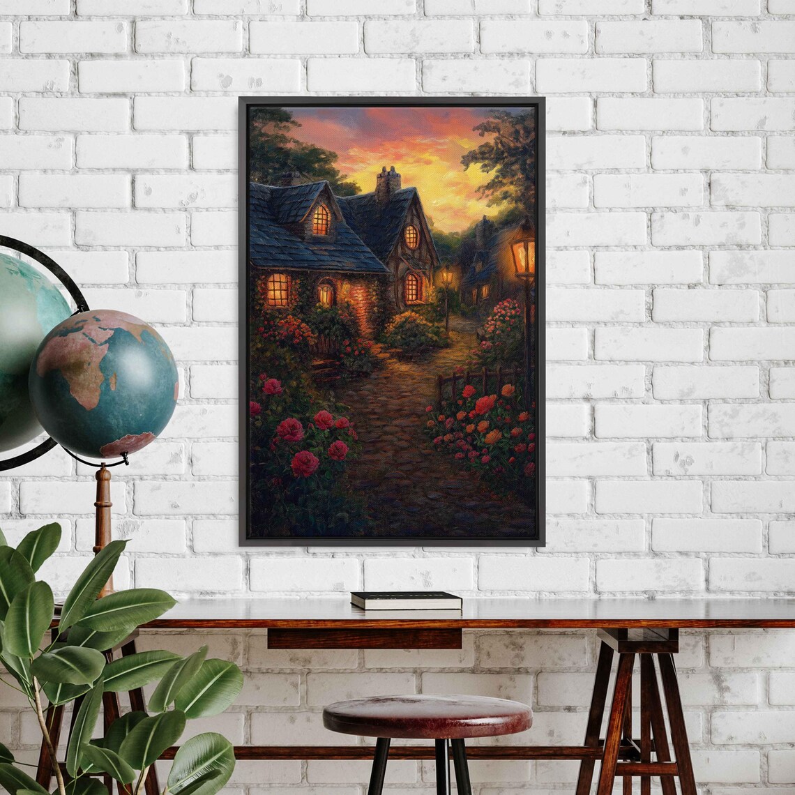 Cozy Cottage Sunset Glowing Windows Rose Garden Nostalgic Home Poster
