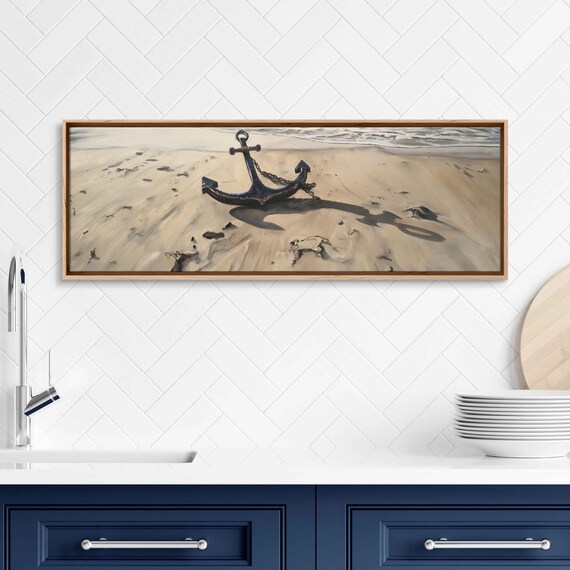 Black Anchor On Sandy Beach Shoreline Nautical Photo Art Poster