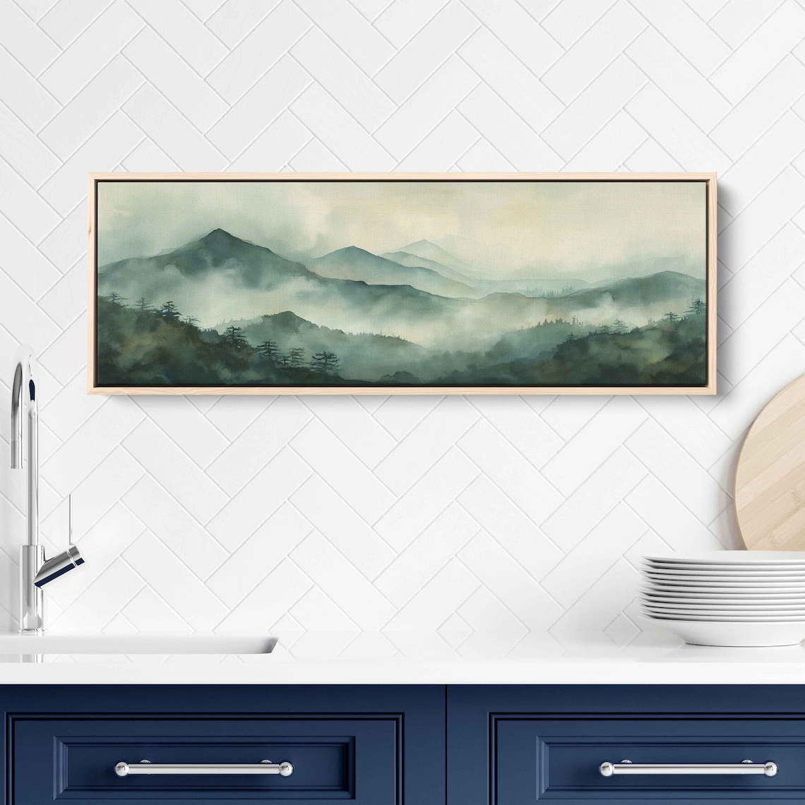 Sage Green Foggy Mountain Ranges Soft Mist Watercolor Panorama Poster - Image 2