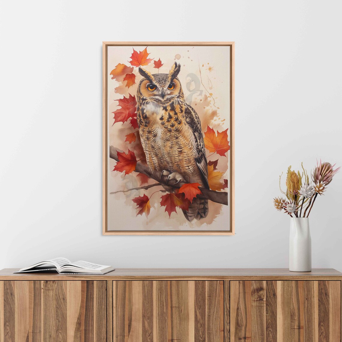 Great Horned Owl On Branch Surrounded By Red Autumn Leaves Poster - Image 3