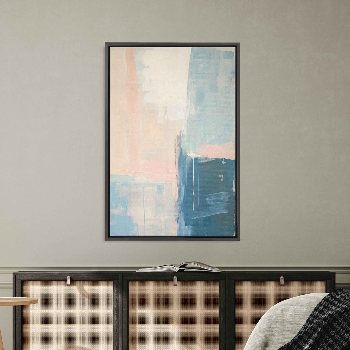 Peach Cream Dusty Blue Vertical Abstract Soft Brushstroke Poster - Image 3