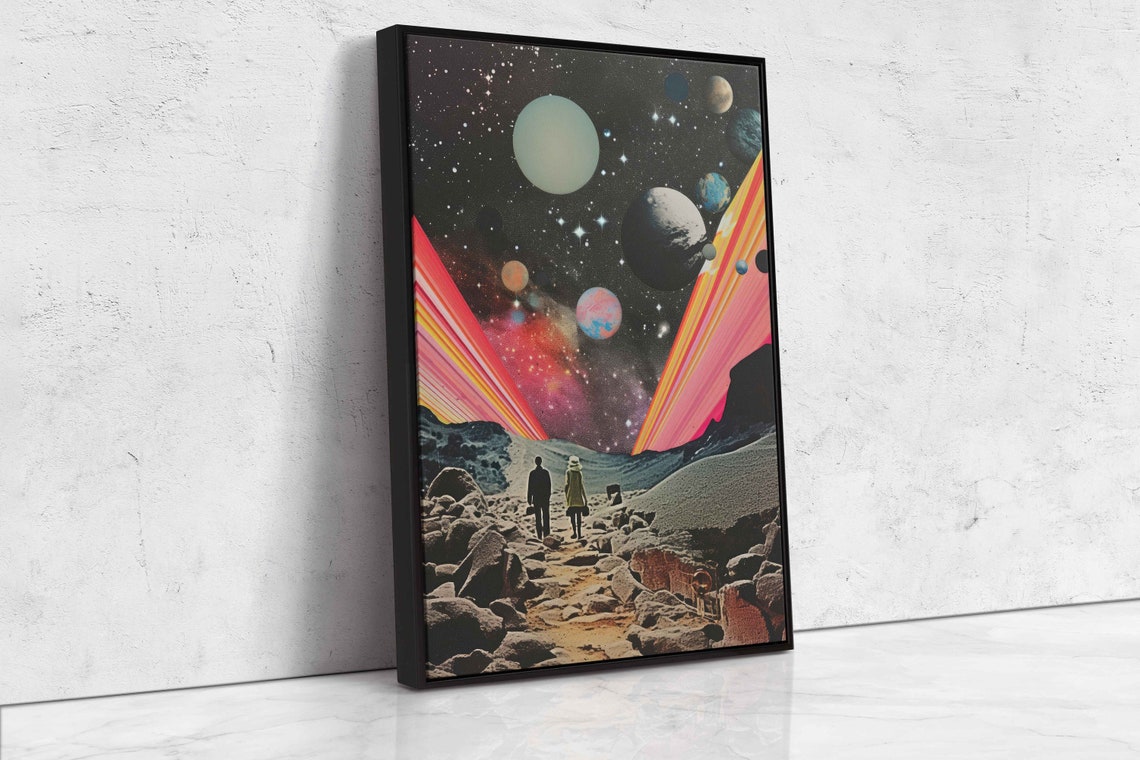 Surreal Space Collage Planets Rainbow Beams Rocky Path Retro Art Print - Image 4