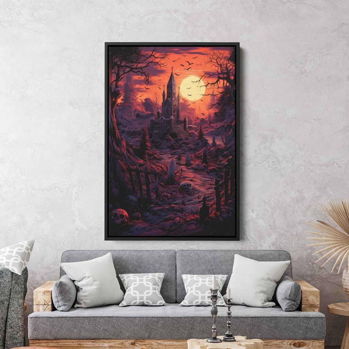 Haunted Gothic Castle Sunset Graveyard Bats Full Moon Halloween Art Print - Image 3