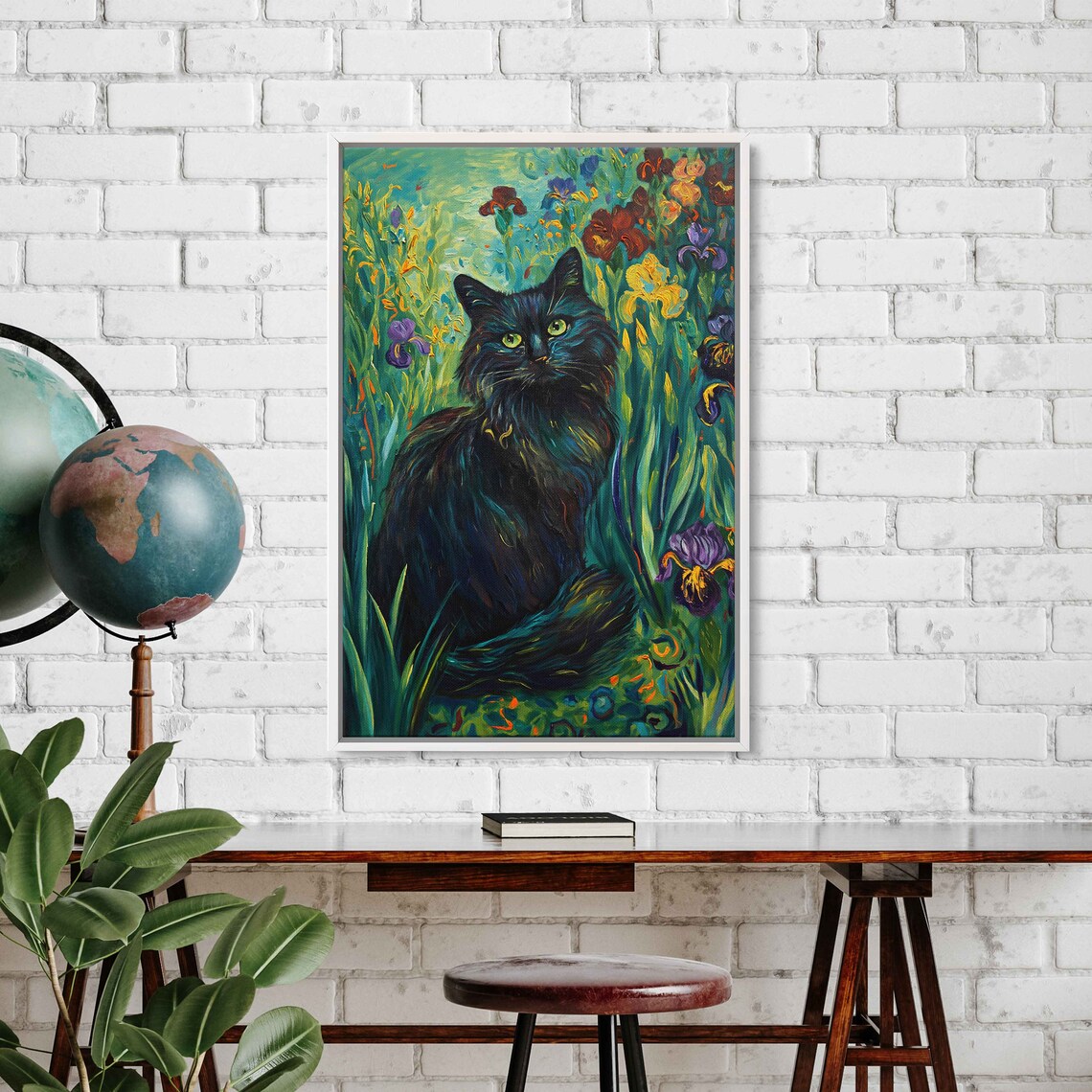 Black Cat Iris Garden Starry Swirls Painterly Floral Feline Art Poster - Image 2