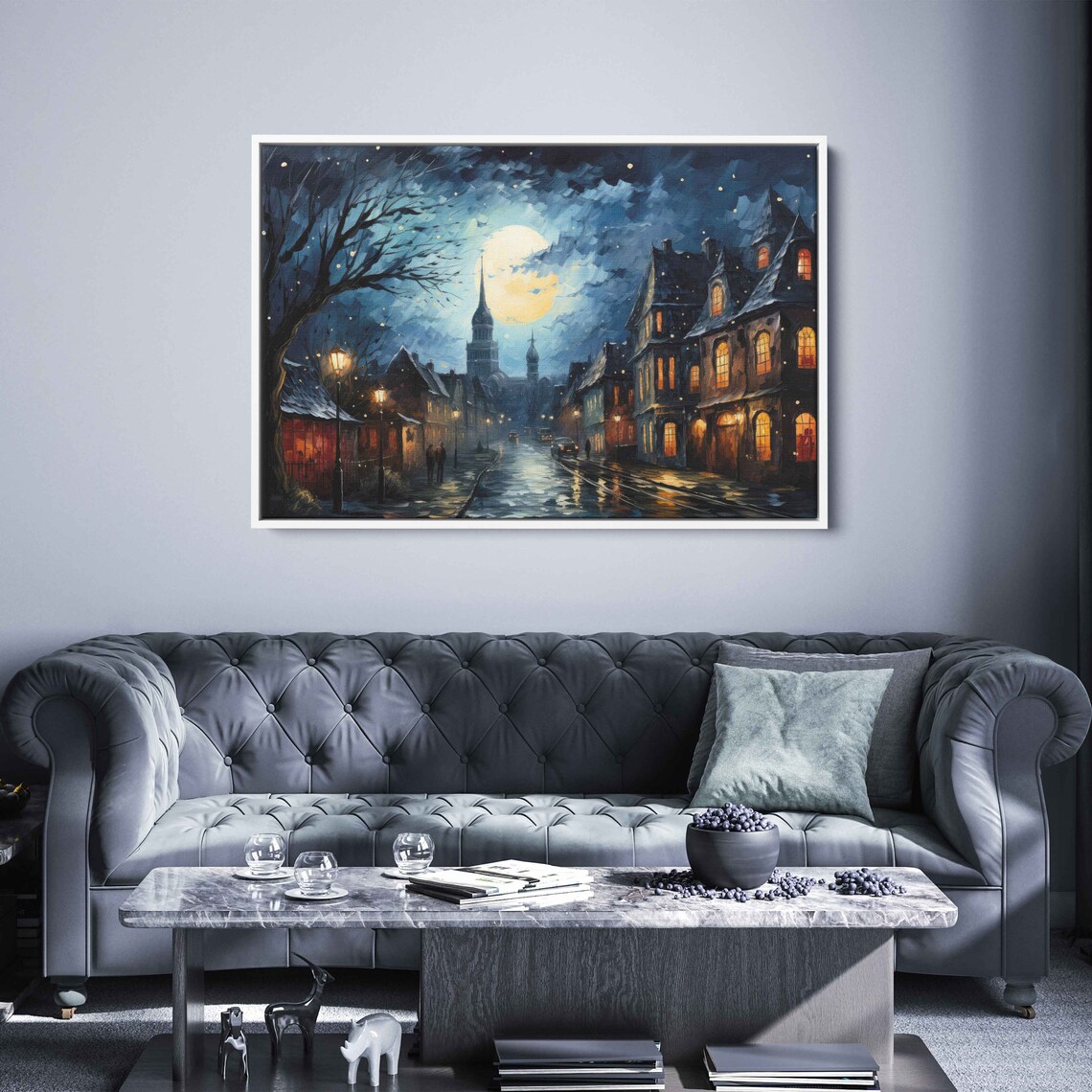 Moonlit Old Town Street Glowing Windows Night Lamp Impasto Art Poster - Image 2