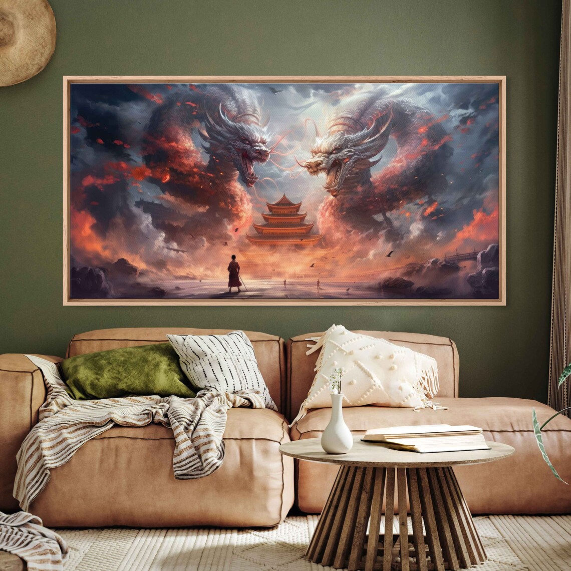 Twin Dragons Japanese Building Painting Framed Print Ready To Hang - Image 2