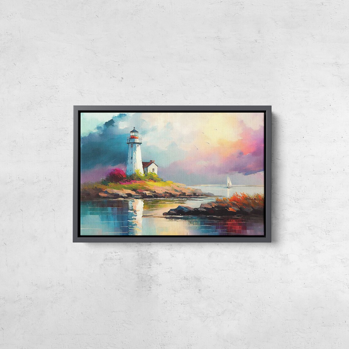 Lighthouse Island Sunset Sailboat Colorful Coastal Seascape Oil Painting Poster - Image 3