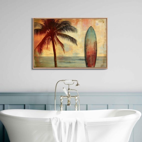 Surfboard On Sandy Beach Wall Art Print Beach Life Tropical Island Gift For Surfer Blue Water Palm Trees Ready To Hang