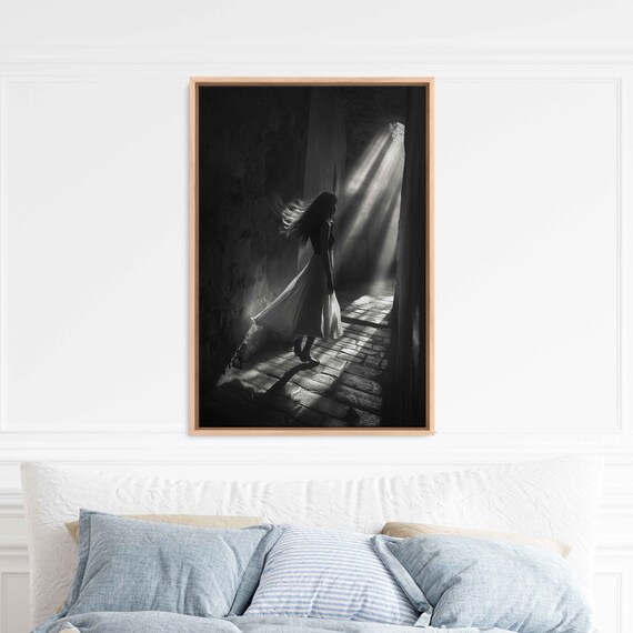 Woman In Flowing Dress In Sunlit Stone Archway Black And White Art Print