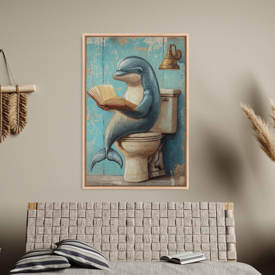Dolphin Reading On Toilet Wall Art Print Whimsical Vintage Bathroom Decor