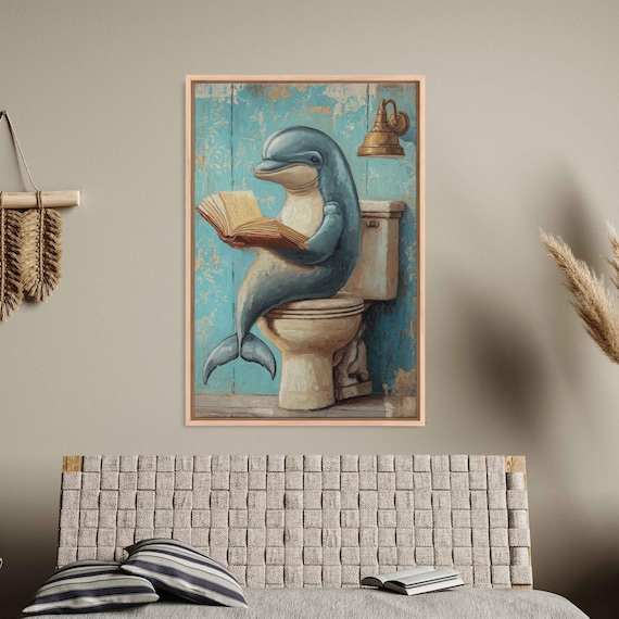Dolphin Reading On Toilet Wall Art Print Whimsical Vintage Bathroom Decor