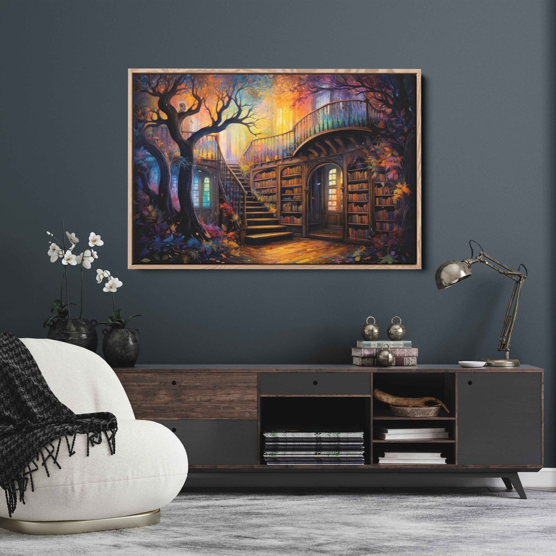 Staircase In Treehouse Library Painting Framed Print Ready To Hang - Image 2