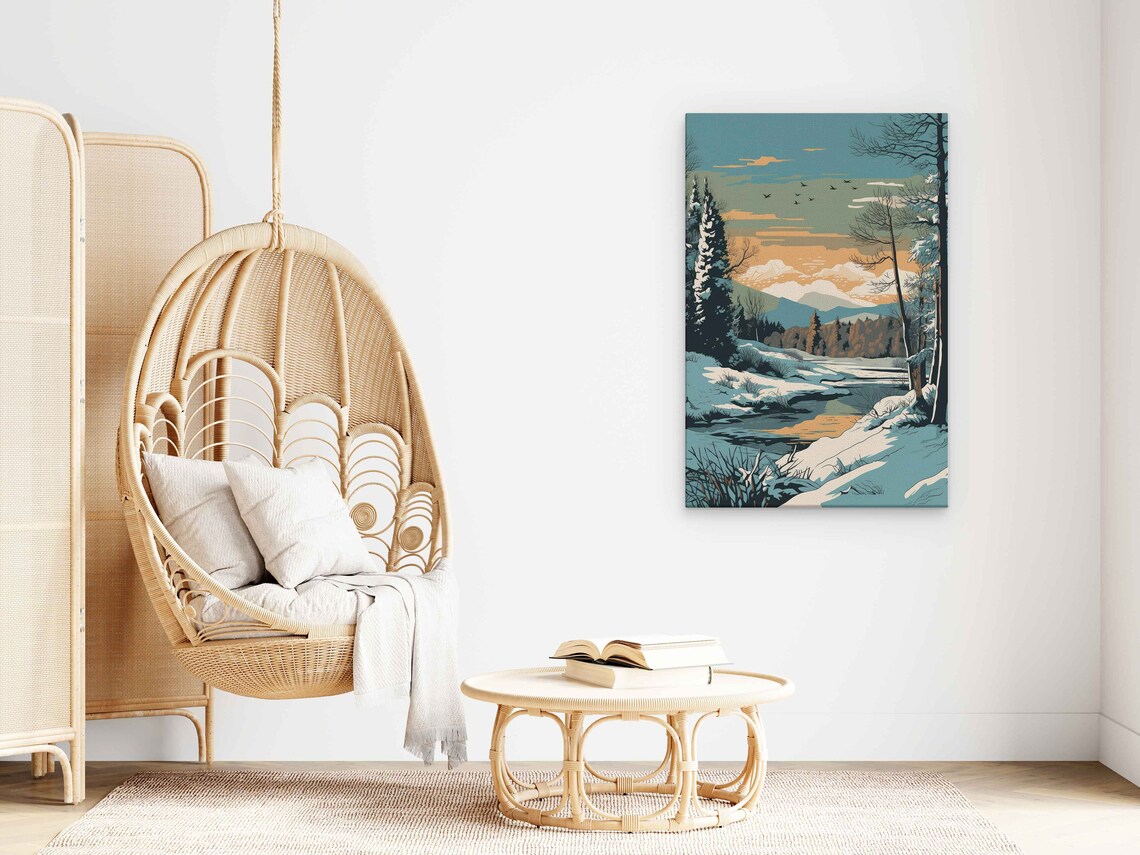 Snowy Winter Forest River Dusk Pop Art Landscape Travel Poster - Image 3