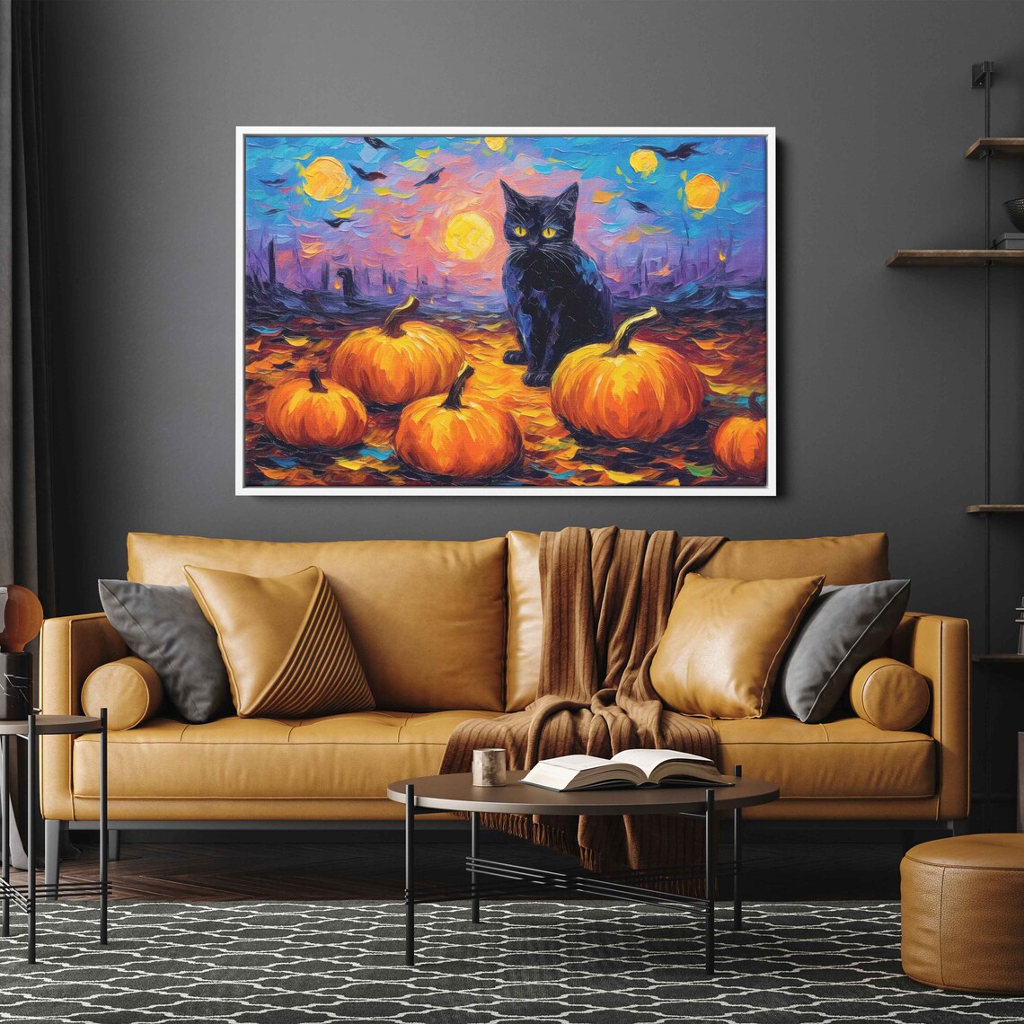 Black Cat Among Pumpkins Halloween Night Colorful Sunset Painting Art Poster - Image 4