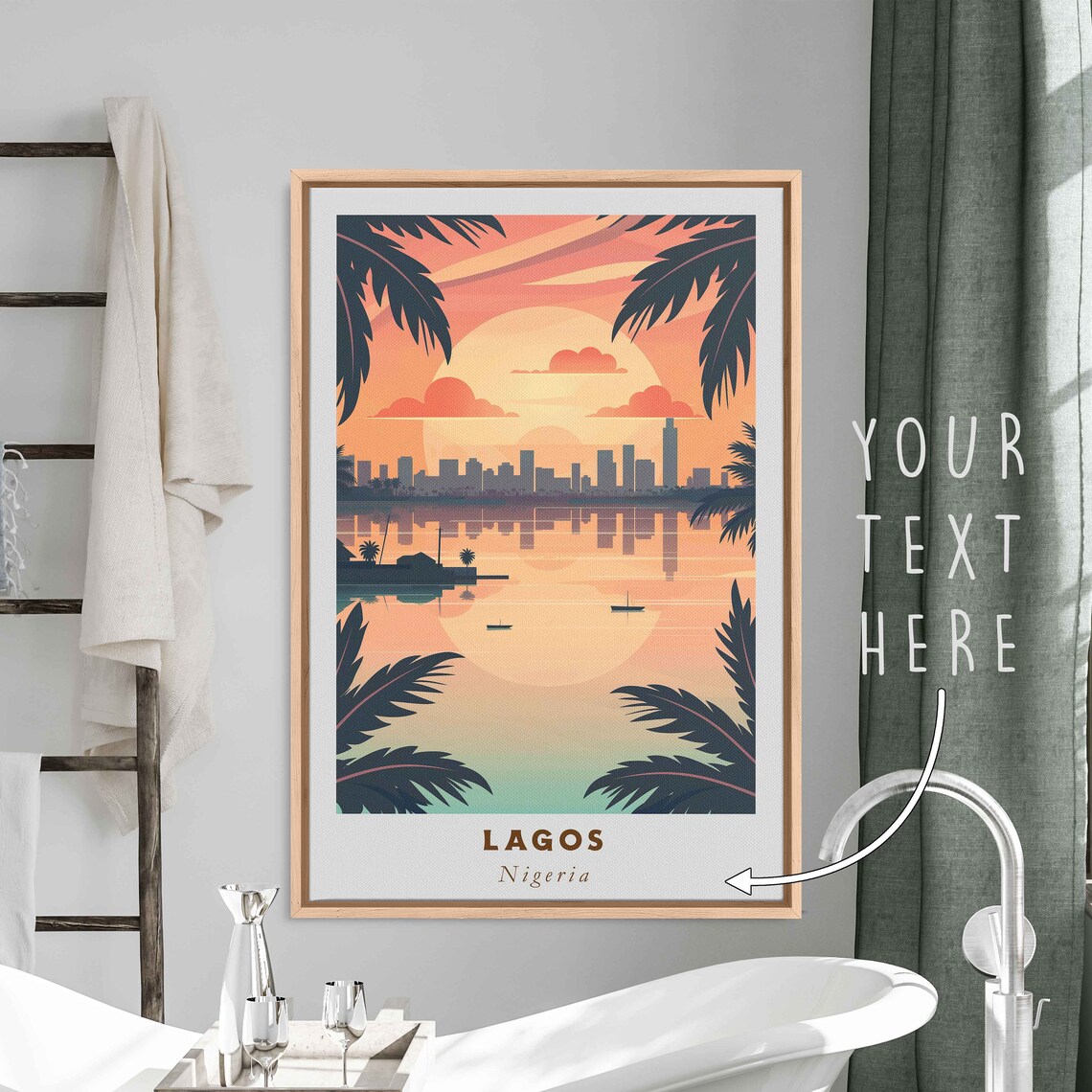 Lagos Nigeria Sunset Lagoon Skyline Palm Framed Harbor Travel Poster