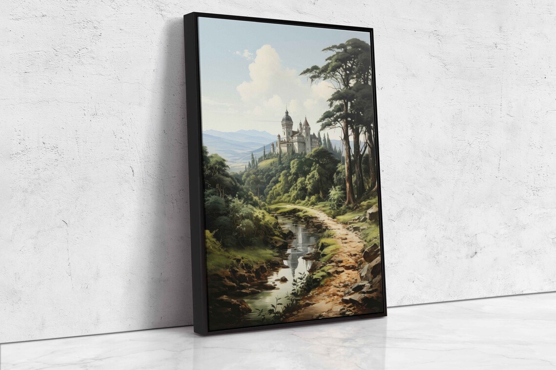 Watercolor River Castle Path, Medieval Landscape Art Print - Image 4