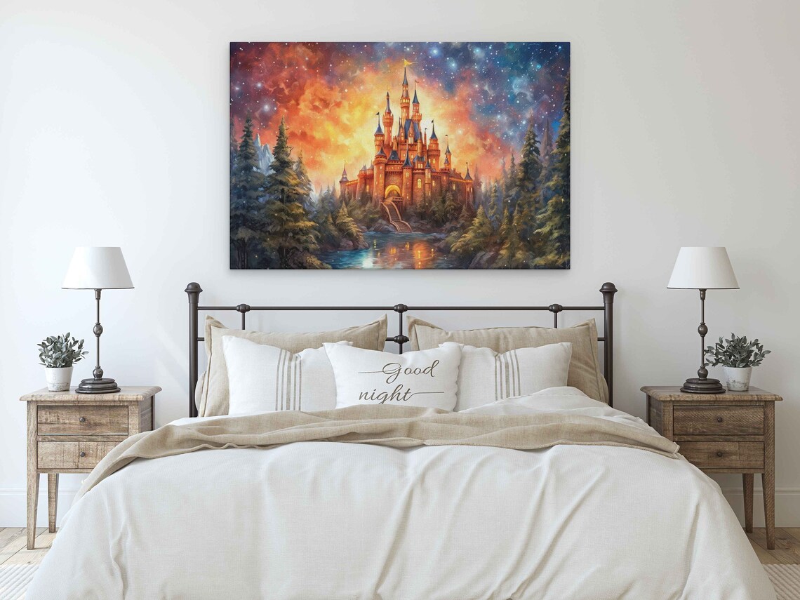 Fairy Tale Castle Fiery Sunset Galaxy Sky Lake Pine Forest Poster - Image 3
