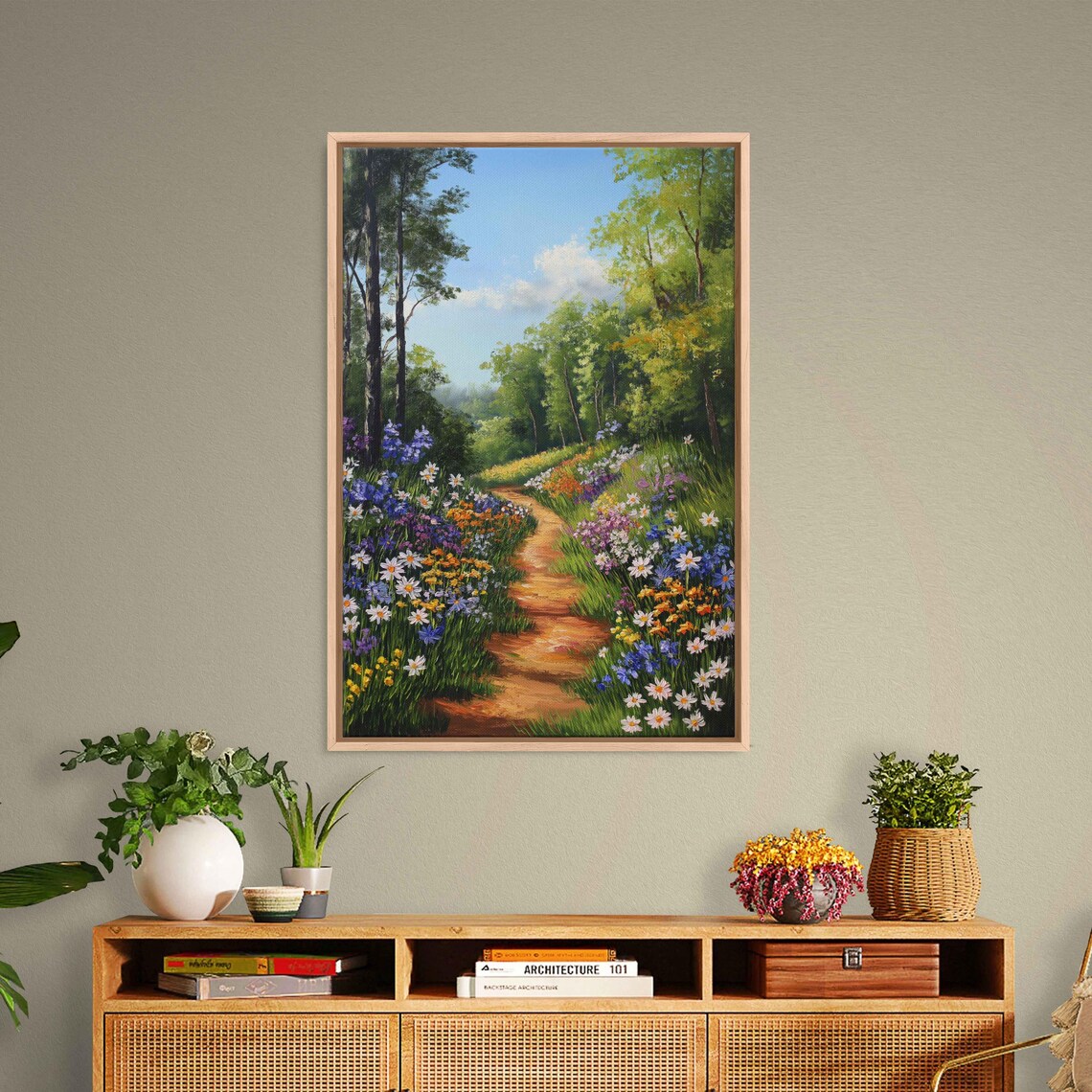 Tranquil Spring Landscape, Rustic Path Wildflowers