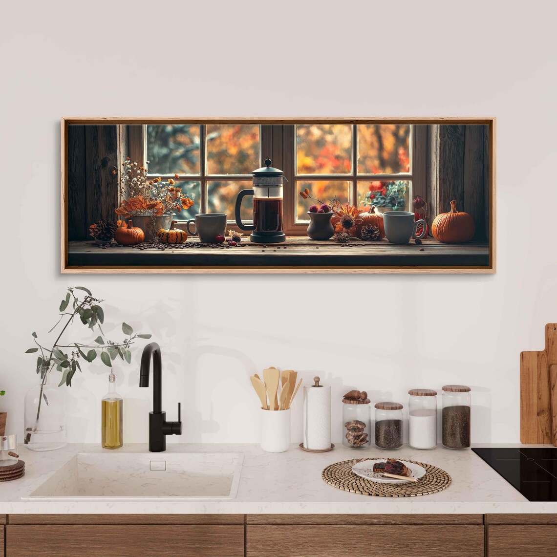 Cozy Coffee Window Sill Autumn Pumpkins French Press Fall Decor Poster