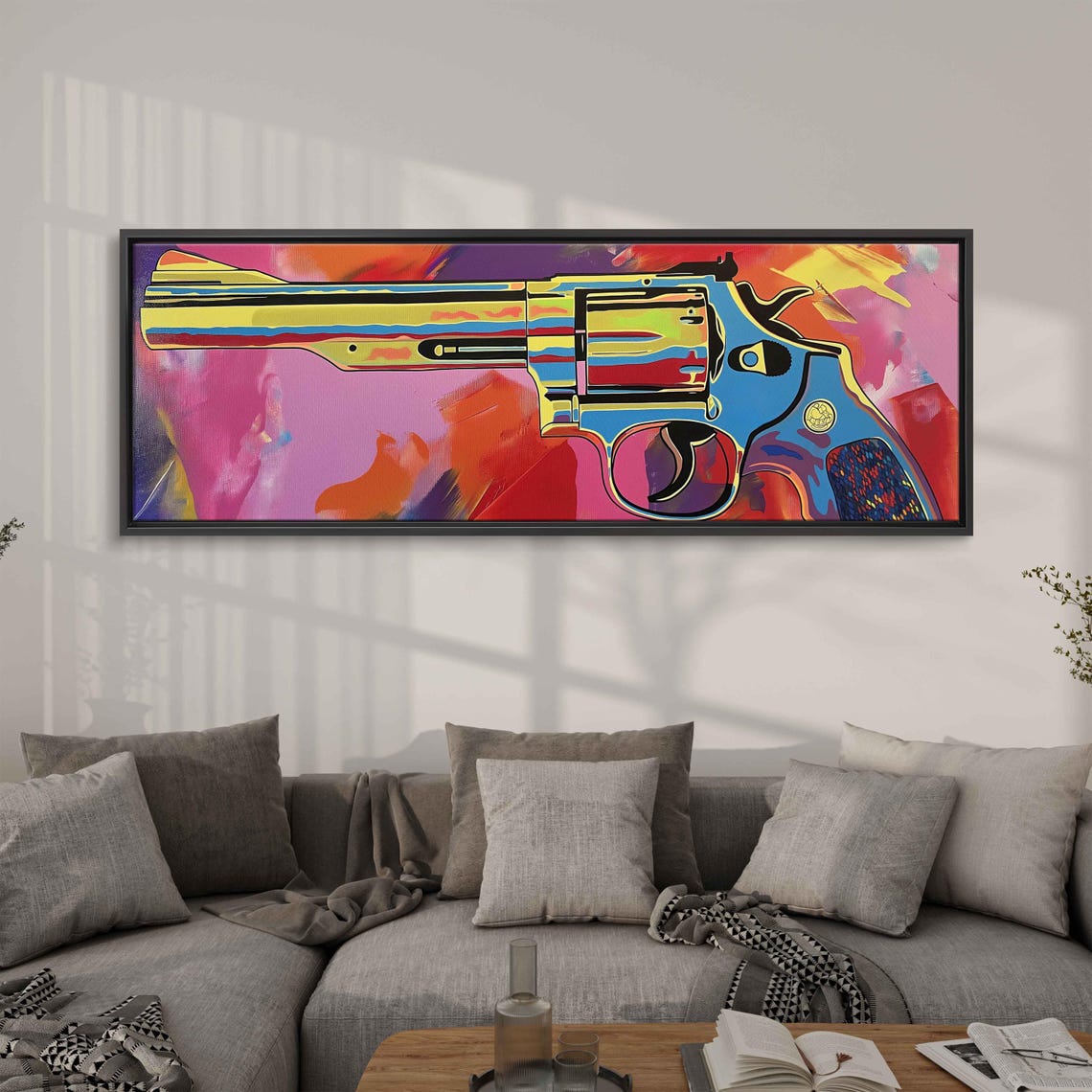 Colorful Pop Art Revolver On Pink And Blue Background Poster