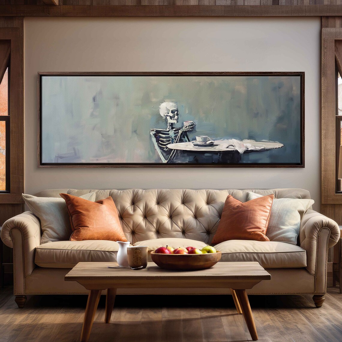 Skeleton Drinking Tea At Table Oil Painting Halloween Spooky Wall Art - Image 3