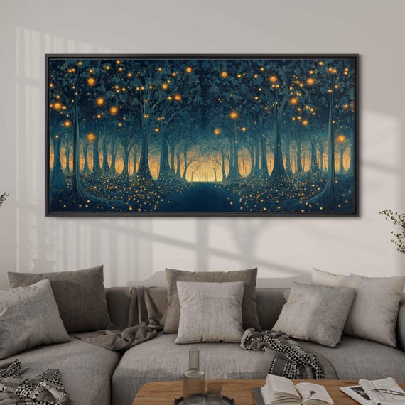 Magical Forest Glade Engulfed With Fireflies Wall Art Print Fantasy Nature Art Enchanted Trees Ready To Hang